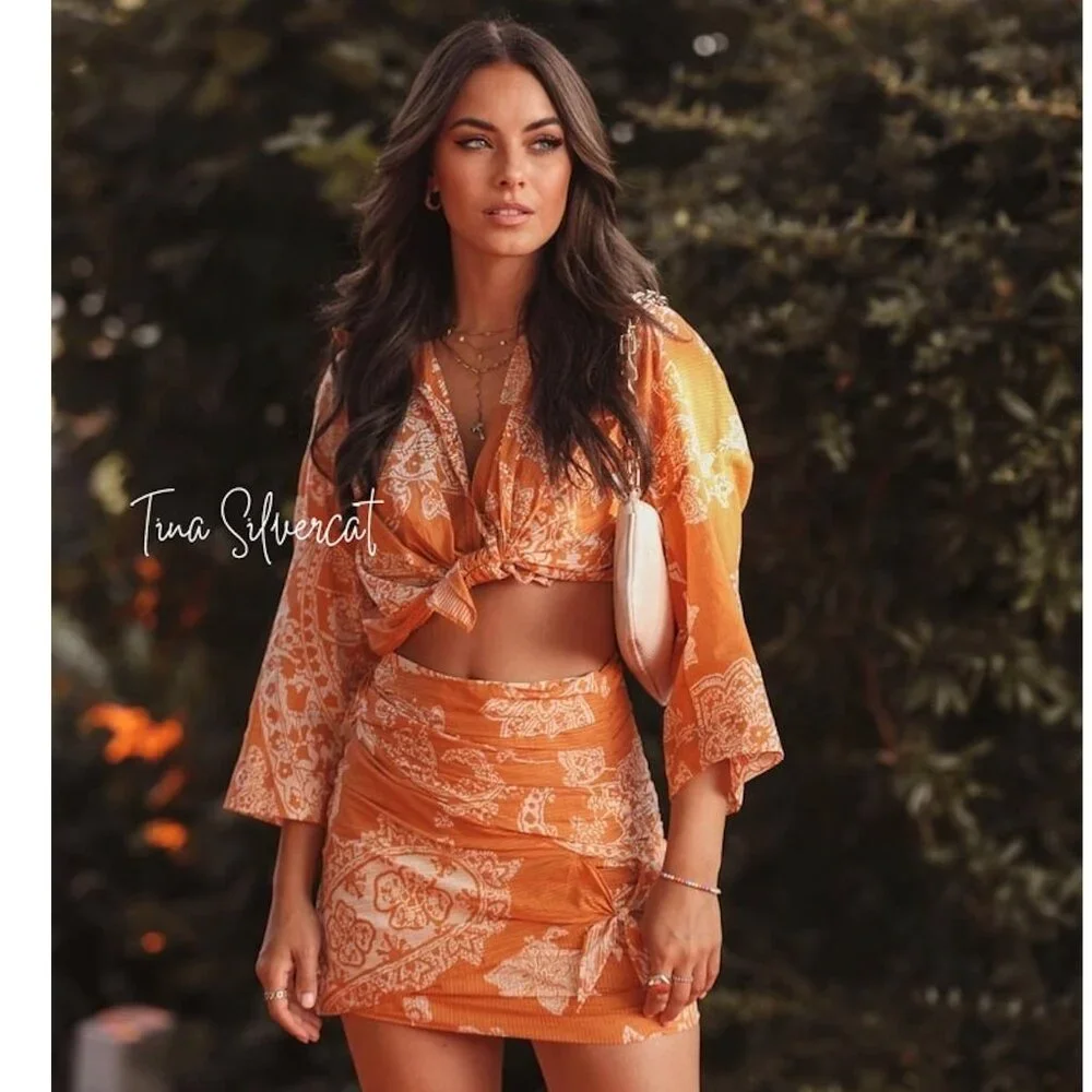 Zara 2 Piece Printed Mini Skirt And Top Co-ord Set Burnt Orange NWT